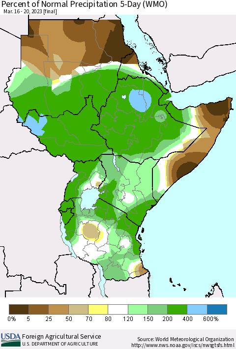 Eastern Africa Percent of Normal Precipitation 5-Day (WMO) Thematic Map For 3/16/2023 - 3/20/2023