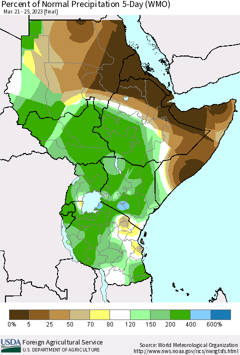 Eastern Africa Percent of Normal Precipitation 5-Day (WMO) Thematic Map For 3/21/2023 - 3/25/2023