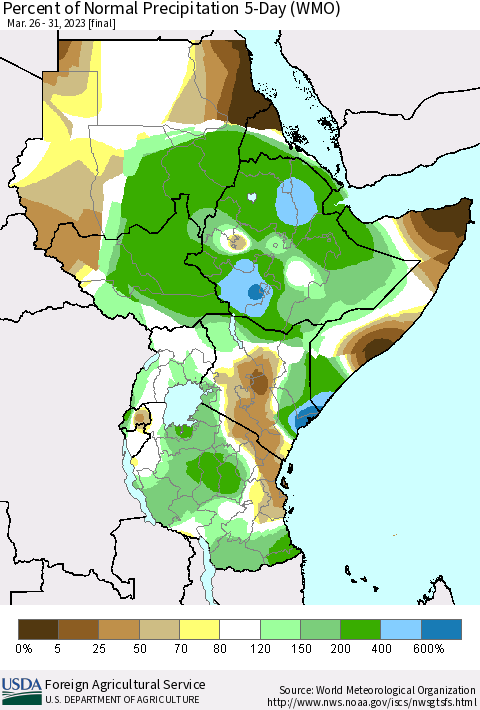 Eastern Africa Percent of Normal Precipitation 5-Day (WMO) Thematic Map For 3/26/2023 - 3/31/2023