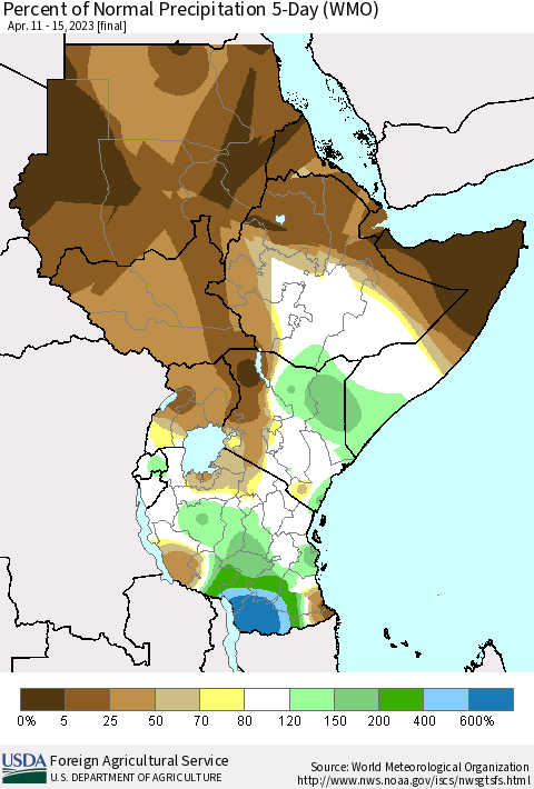Eastern Africa Percent of Normal Precipitation 5-Day (WMO) Thematic Map For 4/11/2023 - 4/15/2023