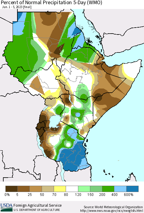 Eastern Africa Percent of Normal Precipitation 5-Day (WMO) Thematic Map For 6/1/2023 - 6/5/2023