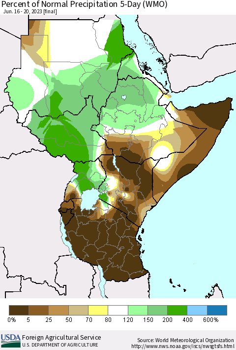 Eastern Africa Percent of Normal Precipitation 5-Day (WMO) Thematic Map For 6/16/2023 - 6/20/2023