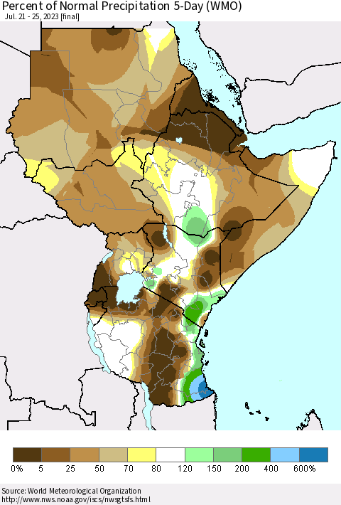 Eastern Africa Percent of Normal Precipitation 5-Day (WMO) Thematic Map For 7/21/2023 - 7/25/2023