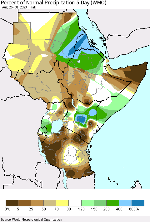 Eastern Africa Percent of Normal Precipitation 5-Day (WMO) Thematic Map For 8/26/2023 - 8/31/2023