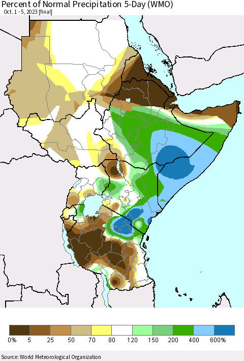 Eastern Africa Percent of Normal Precipitation 5-Day (WMO) Thematic Map For 10/1/2023 - 10/5/2023