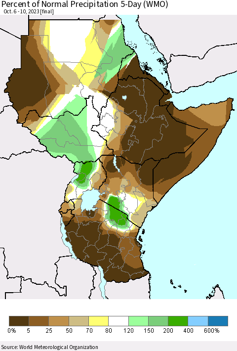 Eastern Africa Percent of Normal Precipitation 5-Day (WMO) Thematic Map For 10/6/2023 - 10/10/2023