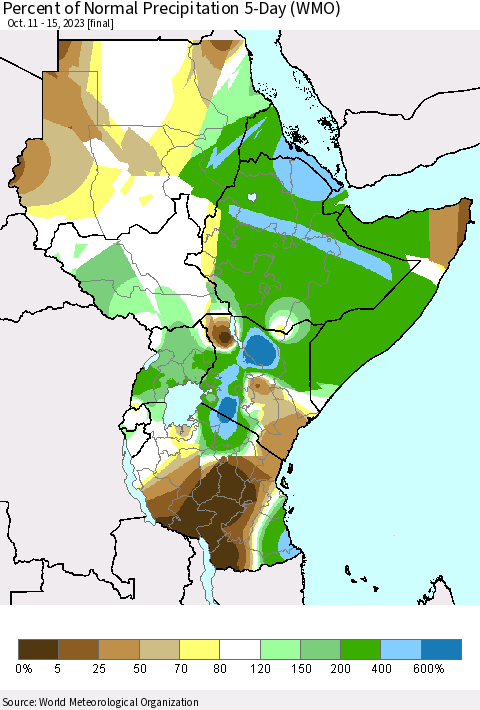 Eastern Africa Percent of Normal Precipitation 5-Day (WMO) Thematic Map For 10/11/2023 - 10/15/2023