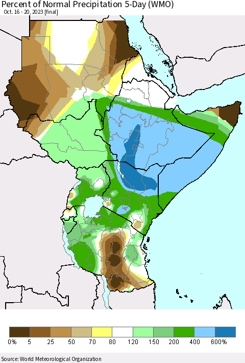 Eastern Africa Percent of Normal Precipitation 5-Day (WMO) Thematic Map For 10/16/2023 - 10/20/2023