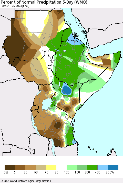 Eastern Africa Percent of Normal Precipitation 5-Day (WMO) Thematic Map For 10/21/2023 - 10/25/2023