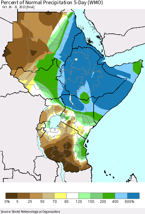 Eastern Africa Percent of Normal Precipitation 5-Day (WMO) Thematic Map For 10/26/2023 - 10/31/2023