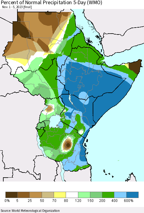 Eastern Africa Percent of Normal Precipitation 5-Day (WMO) Thematic Map For 11/1/2023 - 11/5/2023