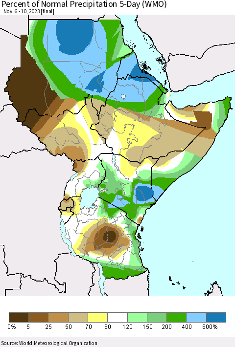 Eastern Africa Percent of Normal Precipitation 5-Day (WMO) Thematic Map For 11/6/2023 - 11/10/2023