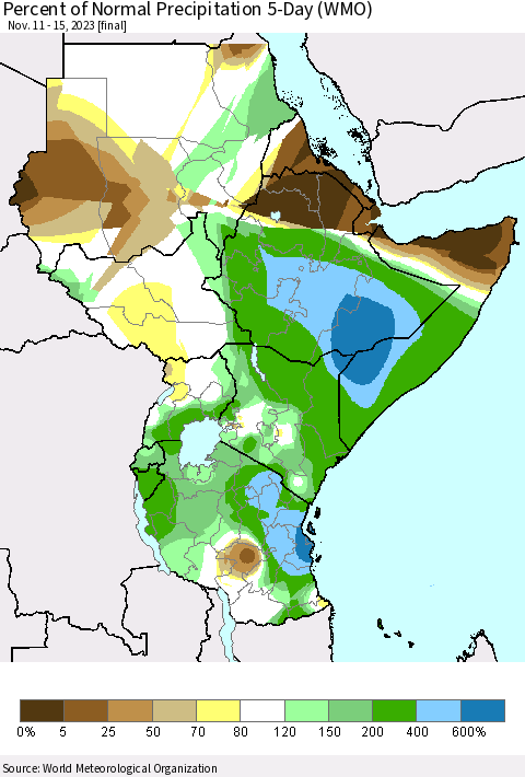 Eastern Africa Percent of Normal Precipitation 5-Day (WMO) Thematic Map For 11/11/2023 - 11/15/2023