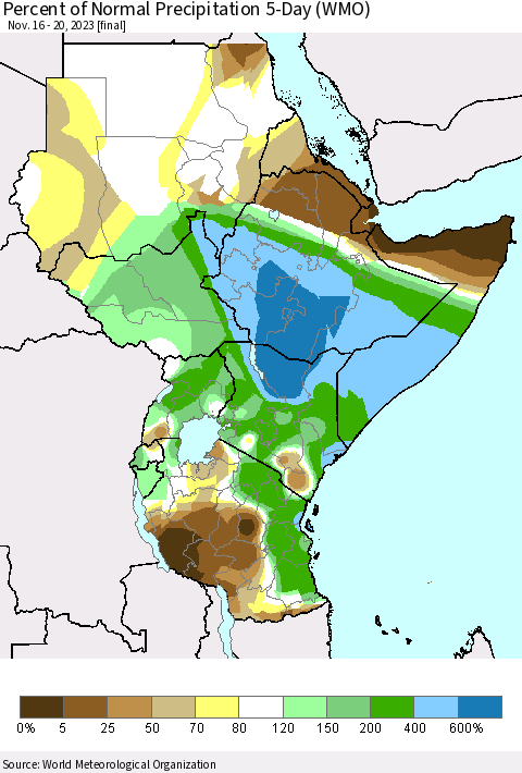 Eastern Africa Percent of Normal Precipitation 5-Day (WMO) Thematic Map For 11/16/2023 - 11/20/2023