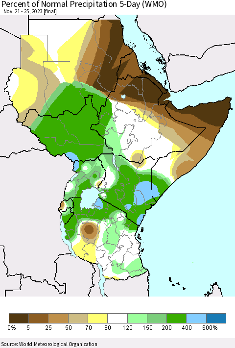 Eastern Africa Percent of Normal Precipitation 5-Day (WMO) Thematic Map For 11/21/2023 - 11/25/2023