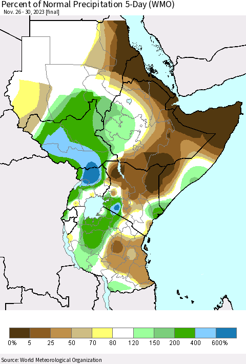 Eastern Africa Percent of Normal Precipitation 5-Day (WMO) Thematic Map For 11/26/2023 - 11/30/2023