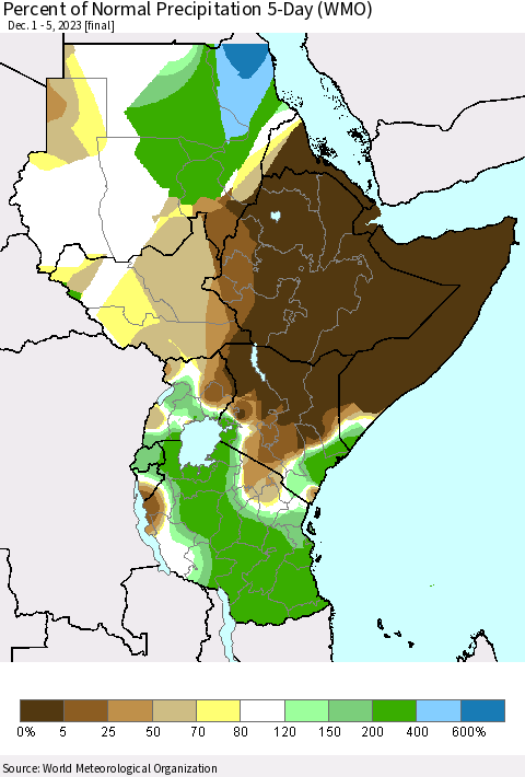 Eastern Africa Percent of Normal Precipitation 5-Day (WMO) Thematic Map For 12/1/2023 - 12/5/2023