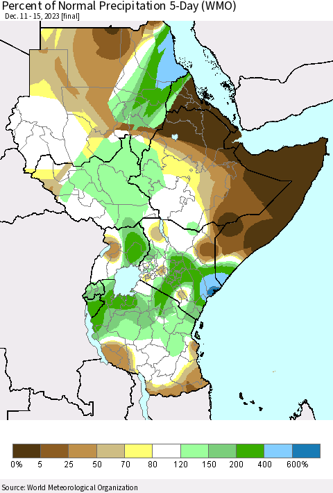 Eastern Africa Percent of Normal Precipitation 5-Day (WMO) Thematic Map For 12/11/2023 - 12/15/2023