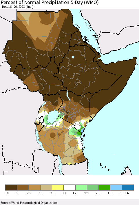 Eastern Africa Percent of Normal Precipitation 5-Day (WMO) Thematic Map For 12/16/2023 - 12/20/2023