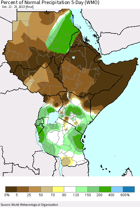 Eastern Africa Percent of Normal Precipitation 5-Day (WMO) Thematic Map For 12/21/2023 - 12/25/2023