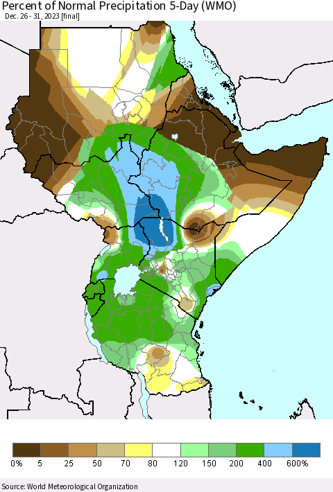 Eastern Africa Percent of Normal Precipitation 5-Day (WMO) Thematic Map For 12/26/2023 - 12/31/2023