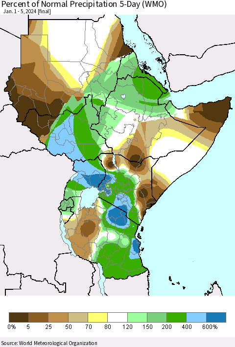 Eastern Africa Percent of Normal Precipitation 5-Day (WMO) Thematic Map For 1/1/2024 - 1/5/2024