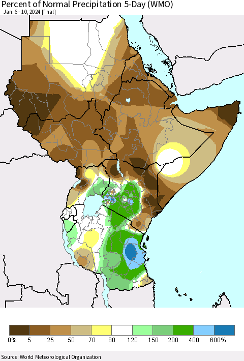 Eastern Africa Percent of Normal Precipitation 5-Day (WMO) Thematic Map For 1/6/2024 - 1/10/2024