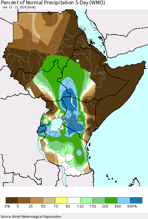 Eastern Africa Percent of Normal Precipitation 5-Day (WMO) Thematic Map For 1/11/2024 - 1/15/2024