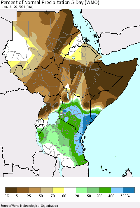 Eastern Africa Percent of Normal Precipitation 5-Day (WMO) Thematic Map For 1/16/2024 - 1/20/2024