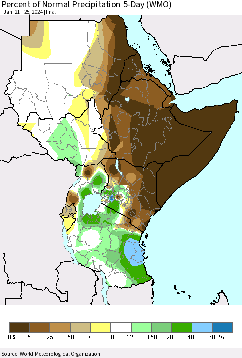 Eastern Africa Percent of Normal Precipitation 5-Day (WMO) Thematic Map For 1/21/2024 - 1/25/2024