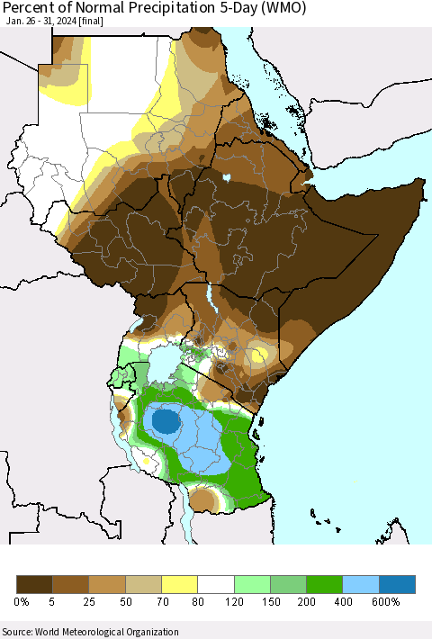 Eastern Africa Percent of Normal Precipitation 5-Day (WMO) Thematic Map For 1/26/2024 - 1/31/2024