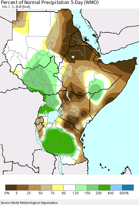 Eastern Africa Percent of Normal Precipitation 5-Day (WMO) Thematic Map For 2/1/2024 - 2/5/2024