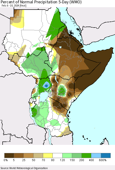 Eastern Africa Percent of Normal Precipitation 5-Day (WMO) Thematic Map For 2/6/2024 - 2/10/2024