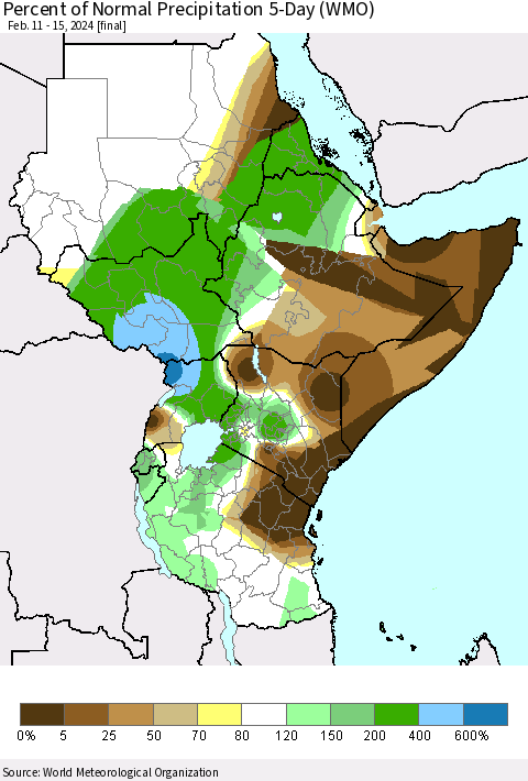 Eastern Africa Percent of Normal Precipitation 5-Day (WMO) Thematic Map For 2/11/2024 - 2/15/2024
