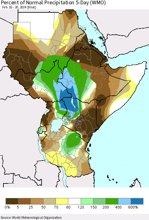 Eastern Africa Percent of Normal Precipitation 5-Day (WMO) Thematic Map For 2/16/2024 - 2/20/2024