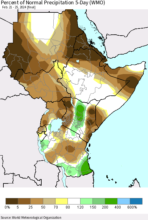 Eastern Africa Percent of Normal Precipitation 5-Day (WMO) Thematic Map For 2/21/2024 - 2/25/2024