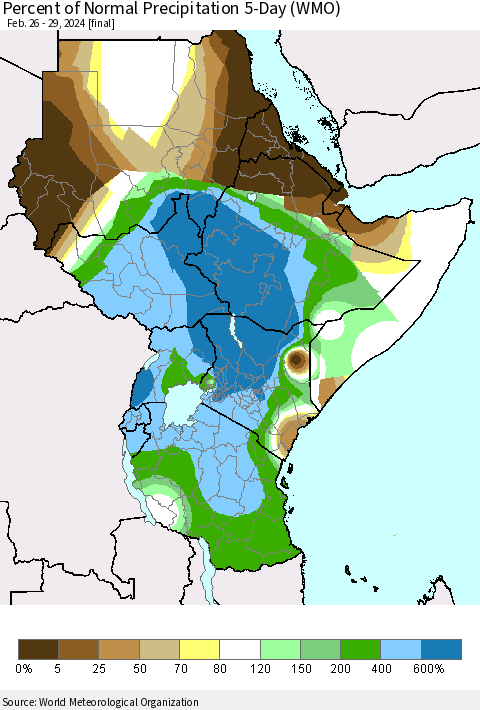 Eastern Africa Percent of Normal Precipitation 5-Day (WMO) Thematic Map For 2/26/2024 - 2/29/2024