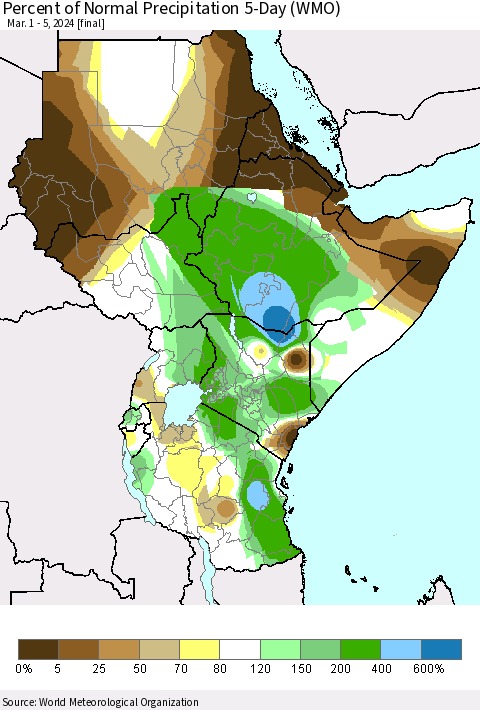 Eastern Africa Percent of Normal Precipitation 5-Day (WMO) Thematic Map For 3/1/2024 - 3/5/2024