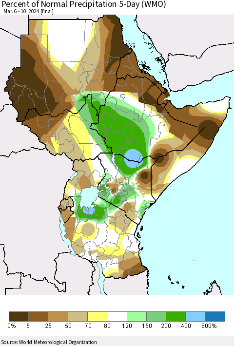Eastern Africa Percent of Normal Precipitation 5-Day (WMO) Thematic Map For 3/6/2024 - 3/10/2024
