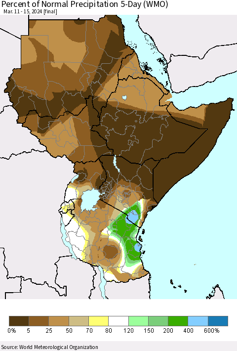 Eastern Africa Percent of Normal Precipitation 5-Day (WMO) Thematic Map For 3/11/2024 - 3/15/2024