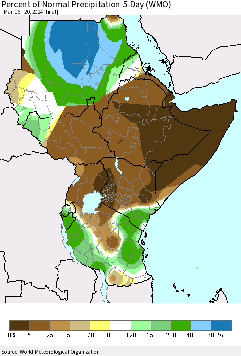 Eastern Africa Percent of Normal Precipitation 5-Day (WMO) Thematic Map For 3/16/2024 - 3/20/2024