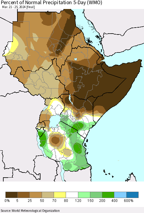 Eastern Africa Percent of Normal Precipitation 5-Day (WMO) Thematic Map For 3/21/2024 - 3/25/2024