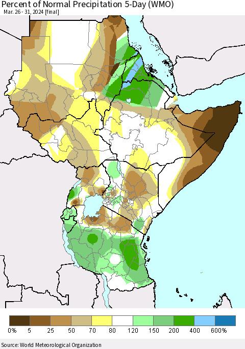 Eastern Africa Percent of Normal Precipitation 5-Day (WMO) Thematic Map For 3/26/2024 - 3/31/2024