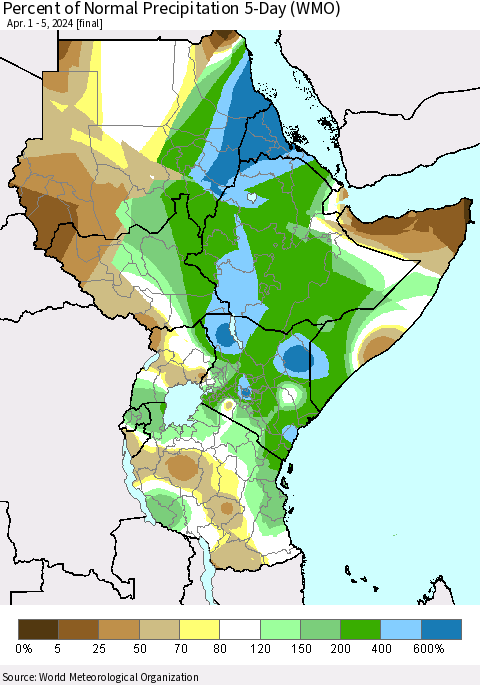 Eastern Africa Percent of Normal Precipitation 5-Day (WMO) Thematic Map For 4/1/2024 - 4/5/2024