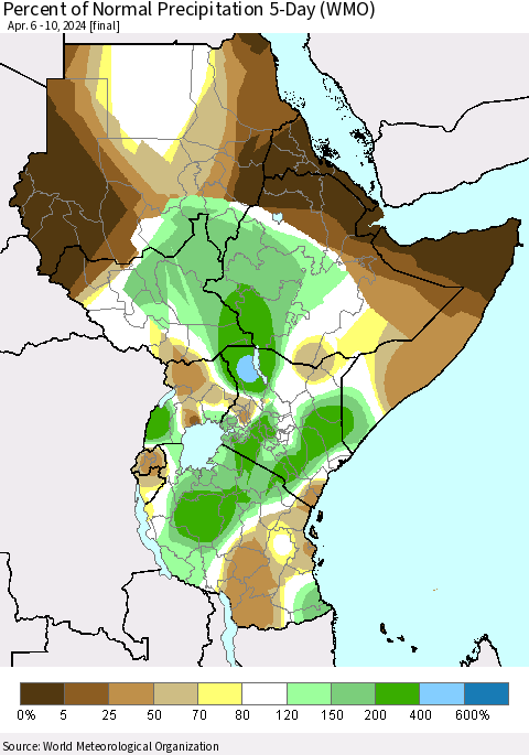 Eastern Africa Percent of Normal Precipitation 5-Day (WMO) Thematic Map For 4/6/2024 - 4/10/2024