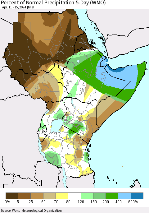 Eastern Africa Percent of Normal Precipitation 5-Day (WMO) Thematic Map For 4/11/2024 - 4/15/2024