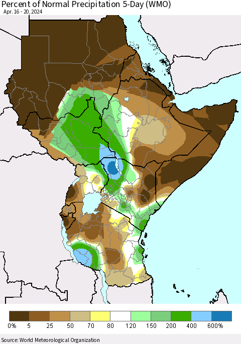 Eastern Africa Percent of Normal Precipitation 5-Day (WMO) Thematic Map For 4/16/2024 - 4/20/2024