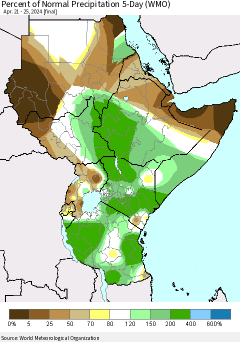 Eastern Africa Percent of Normal Precipitation 5-Day (WMO) Thematic Map For 4/21/2024 - 4/25/2024