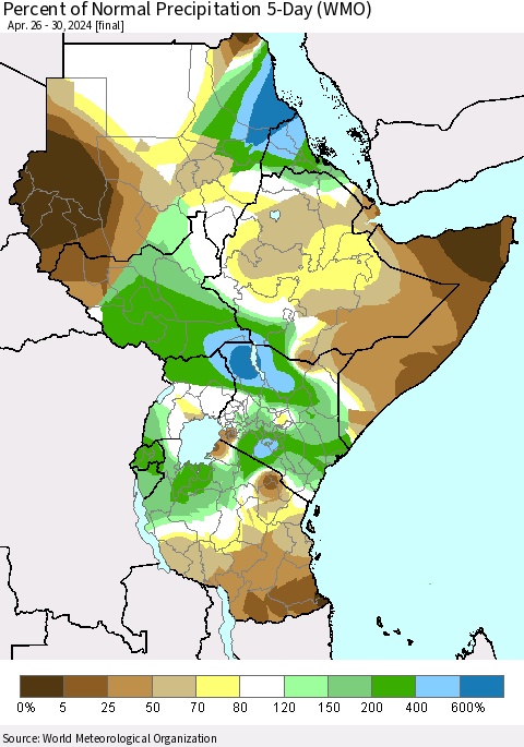Eastern Africa Percent of Normal Precipitation 5-Day (WMO) Thematic Map For 4/26/2024 - 4/30/2024