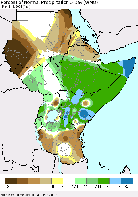 Eastern Africa Percent of Normal Precipitation 5-Day (WMO) Thematic Map For 5/1/2024 - 5/5/2024